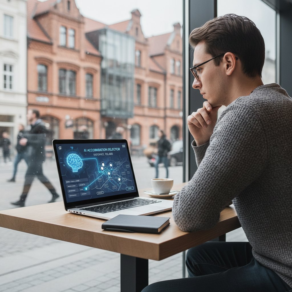 Osoba korzystająca z laptopa przy wyborze kwatery z pomocą AI, Katowice, nowoczesne technologie