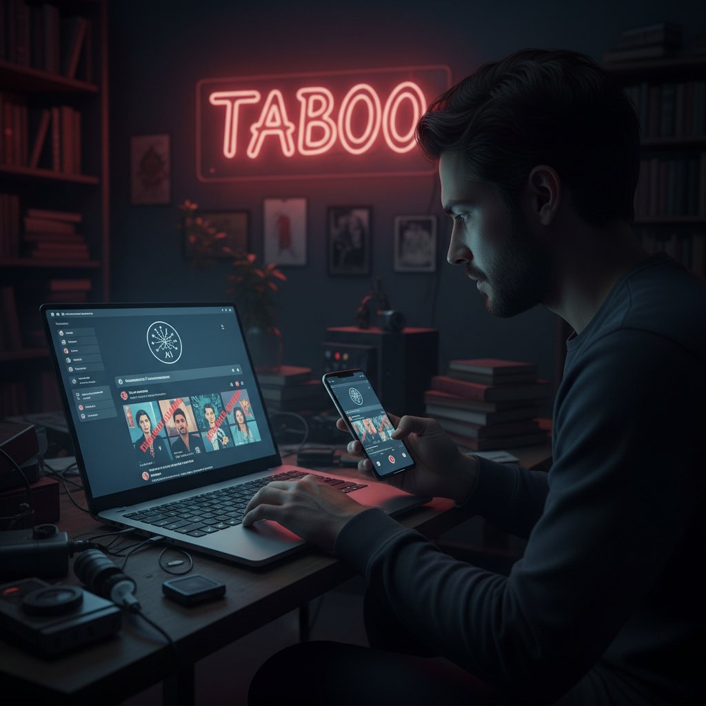 Osoba zamyślona przy laptopie, wokół ikony AI i social mediów, symbolizująca nowe tabu