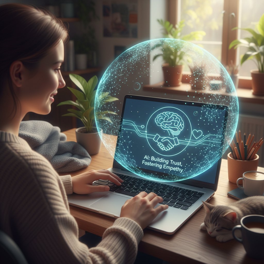Osoba rozmawiająca z AI na laptopie, atmosfera zaufania i empatii