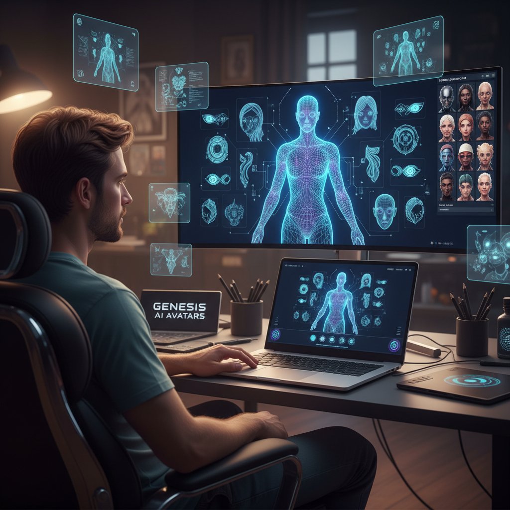 Osoba projektująca cyfrową postać na laptopie – wizualizacja procesu twórczego