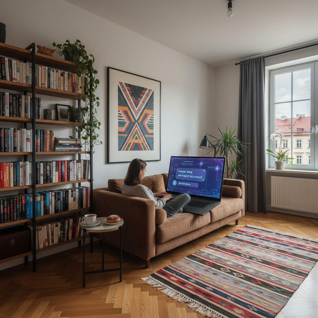 Osoba korzystająca z laptopa podczas rozmowy z botem AI, w tle typowo polski pokój