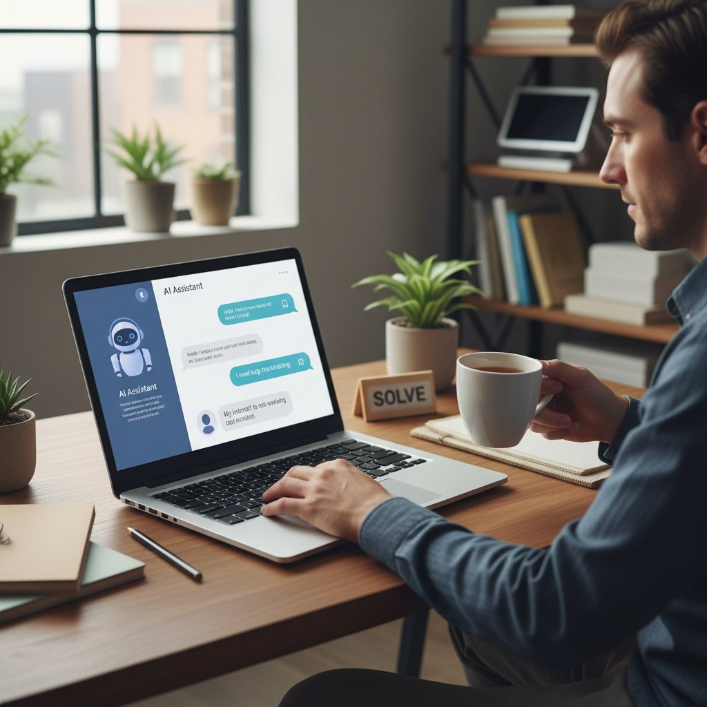 Osoba rozmawiająca z AI na laptopie, wsparcie cyfrowe po rozstaniu