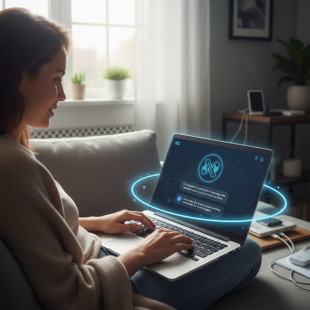 Zdjęcie osoby rozmawiającej z chatbotem AI na laptopie, symbol wsparcia cyfrowego