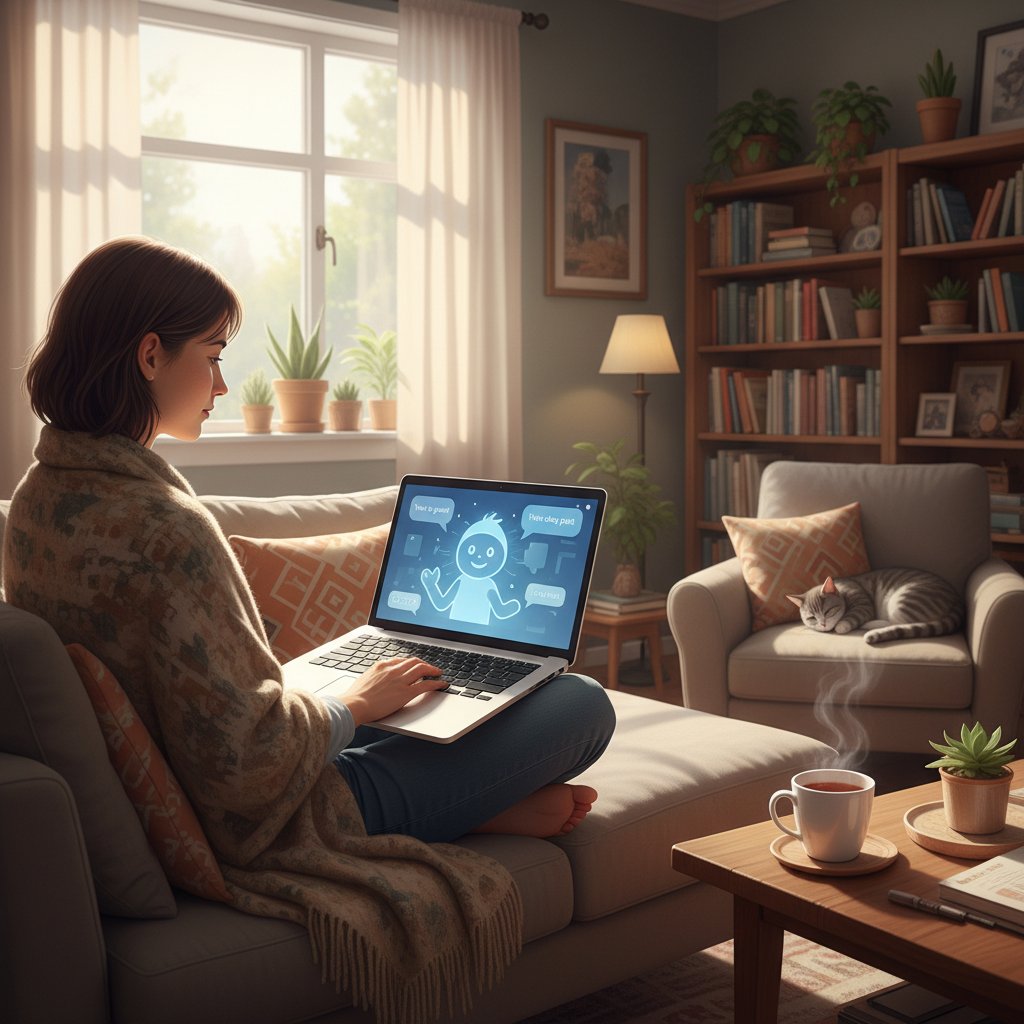 Osoba z laptopem, ekran z aplikacją AI wsparcia emocjonalnego, domowe zacisze, bezpieczeństwo