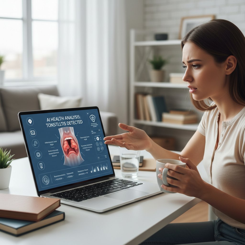 Osoba analizująca objawy na laptopie, ekran z narzędziem AI do zdrowia