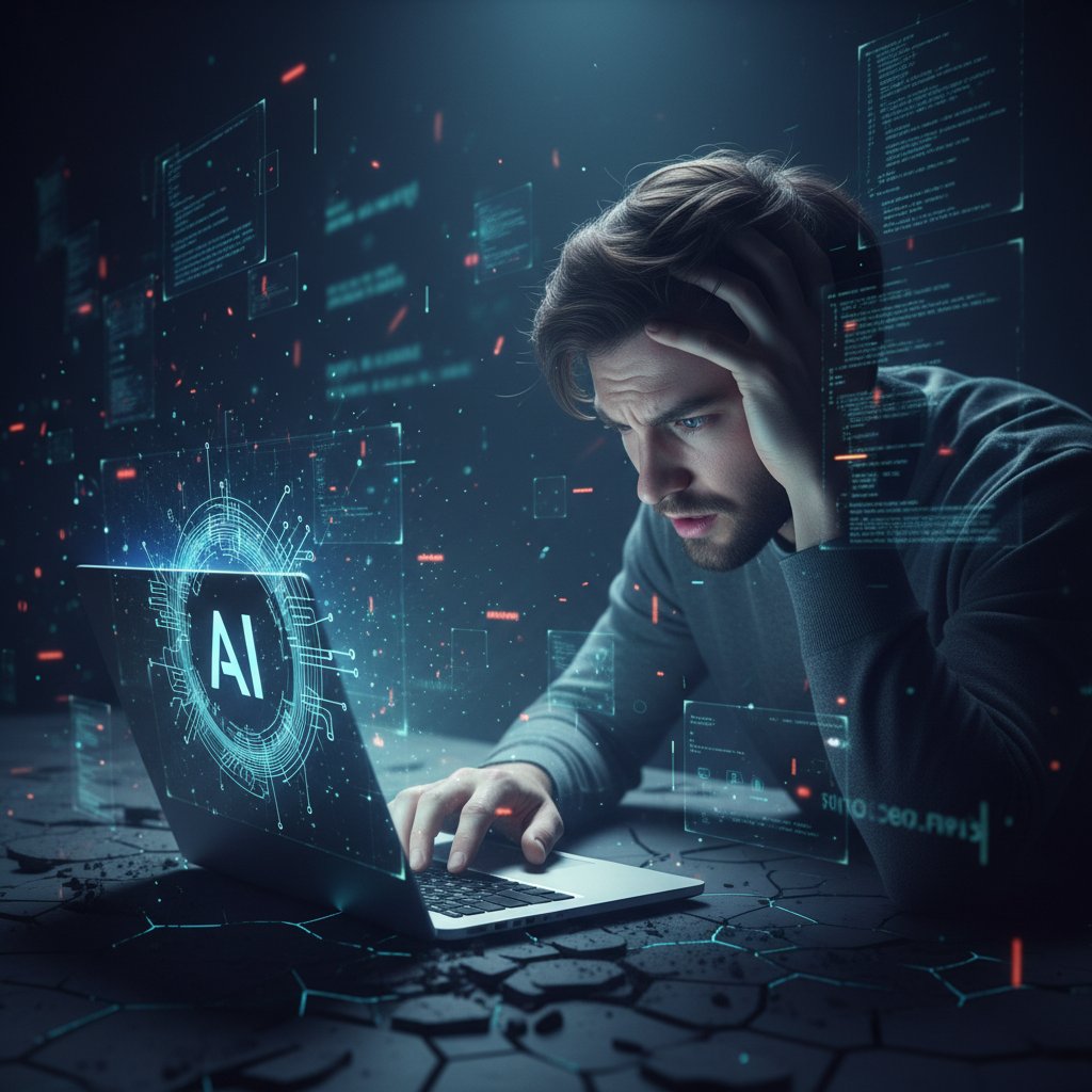 Człowiek zastanawiający się przed laptopem, na ekranie logo AI, atmosfera niepewności