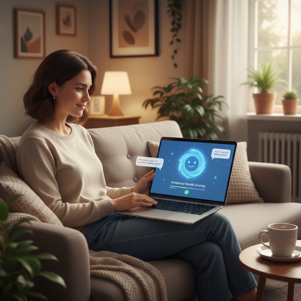 Osoba korzystająca z nowoczesnej platformy AI do wsparcia emocjonalnego na laptopie