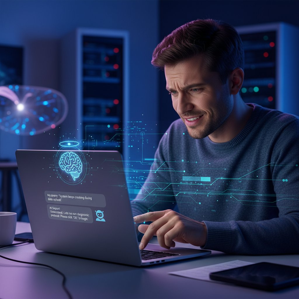 Osoba korzysta z laptopa, wsparcie AI, technologia i emocje