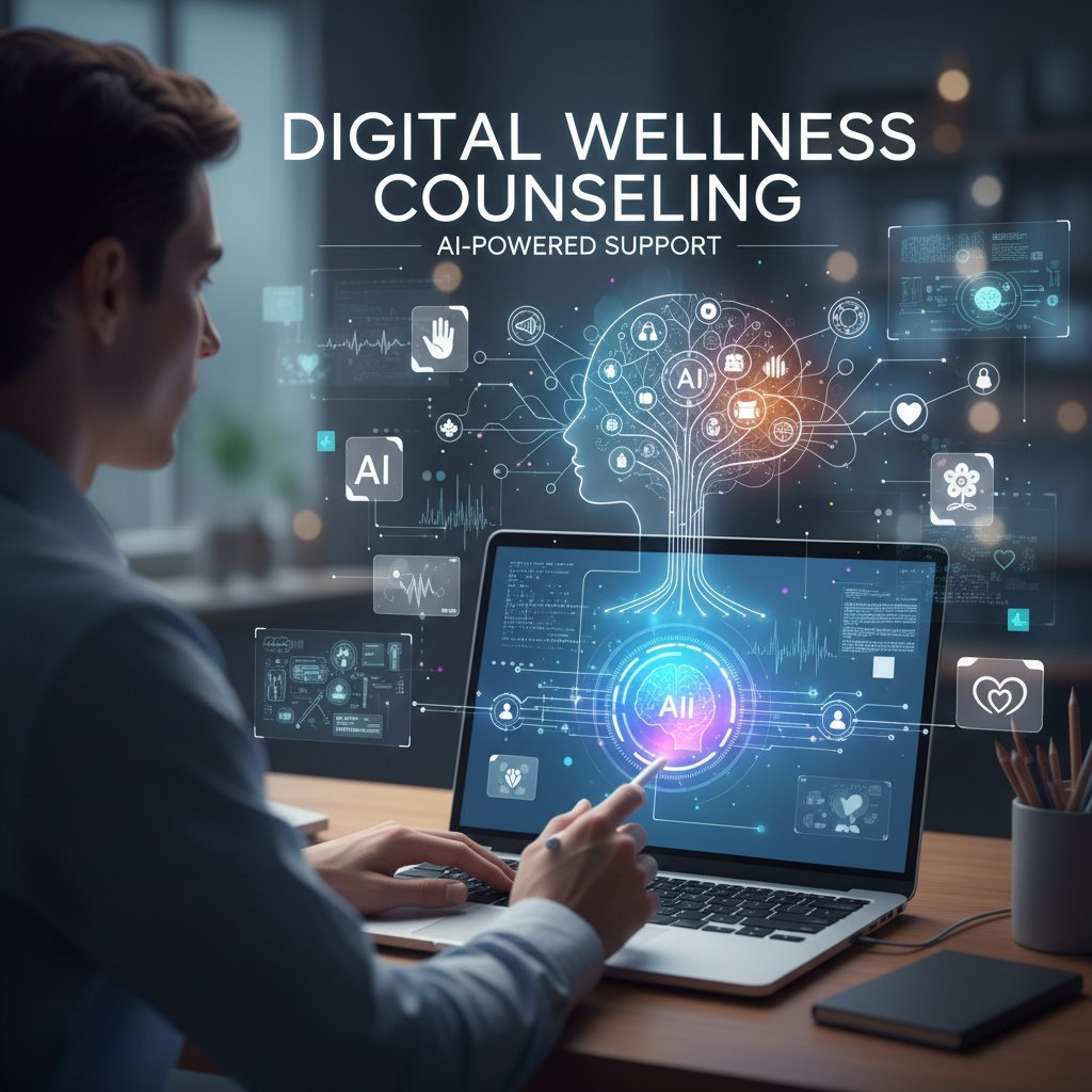 Mensch arbeitet an Laptop, KI-Symbole eingeblendet, Digitalisierung und psychische Beratung