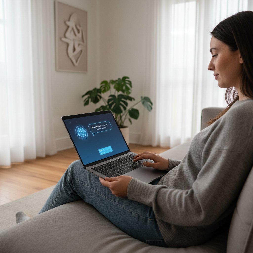 Osoba korzystająca z laptopa i aplikacji AI związanej z psychoterapią, nowoczesne wnętrze, technologia i psychologia