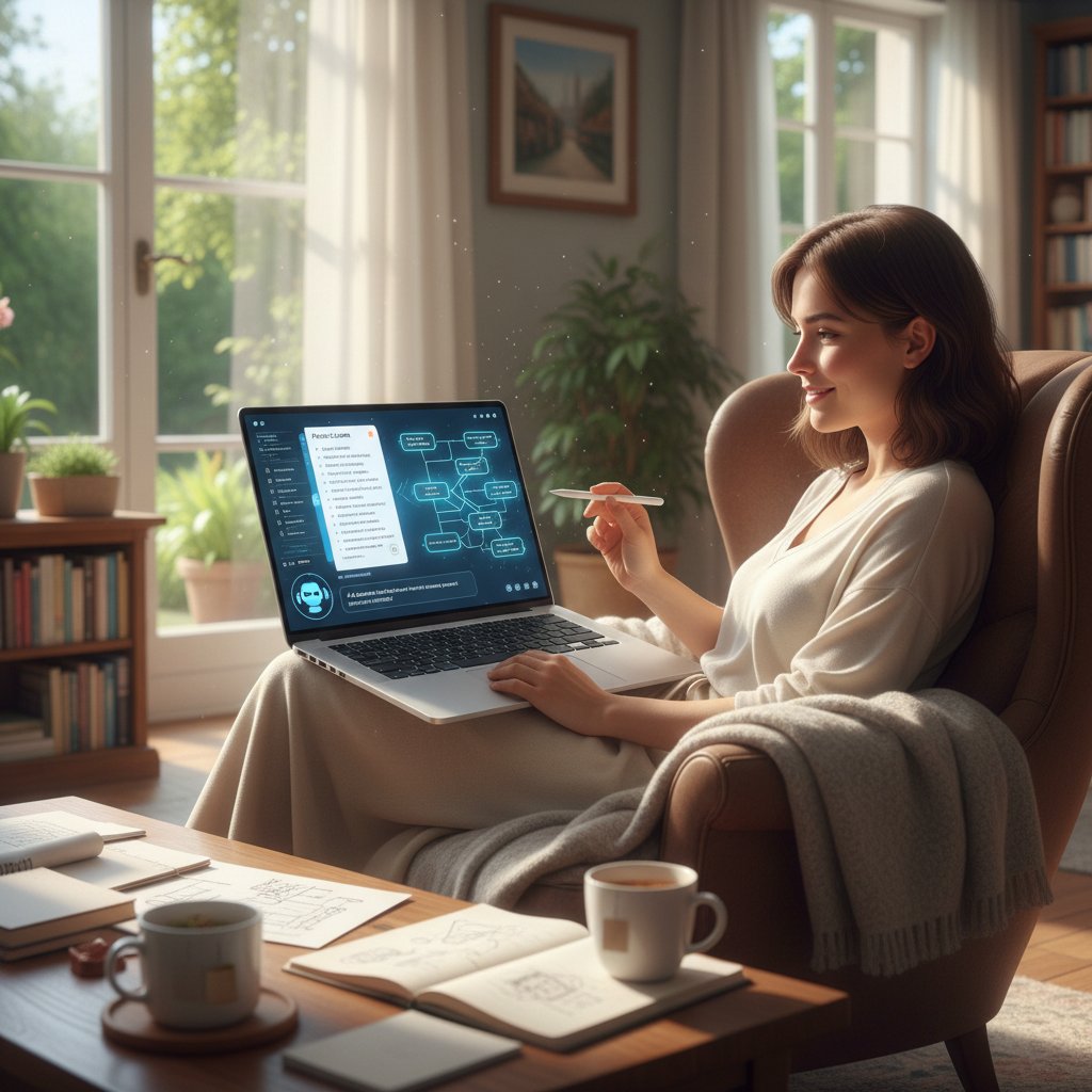 Osoba z laptopem korzystająca z narzędzia AI, aranżacja domowa, w tle notesy i szkice pomysłów
