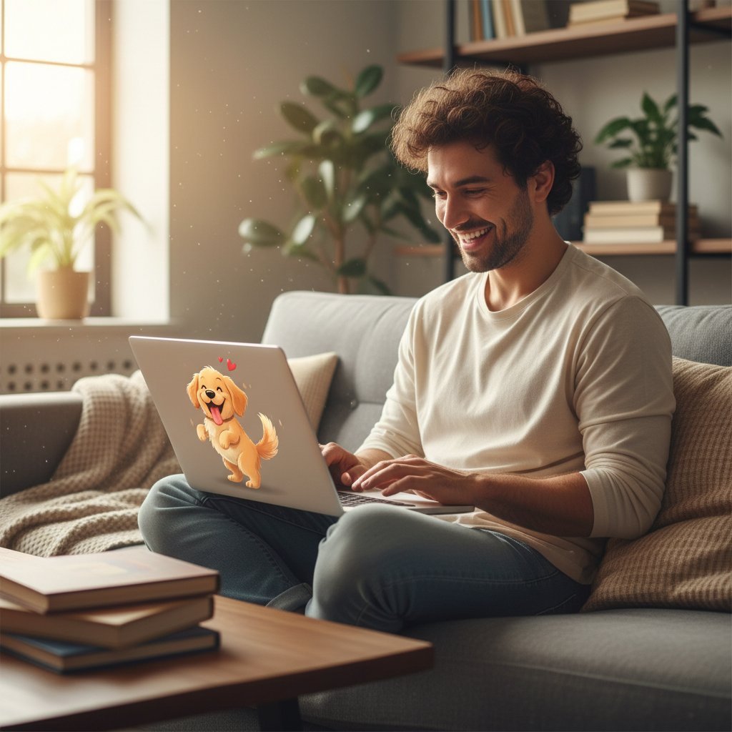 Osoba przy ekranie laptopa, na monitorze animowany piesek AI, radość na twarzy