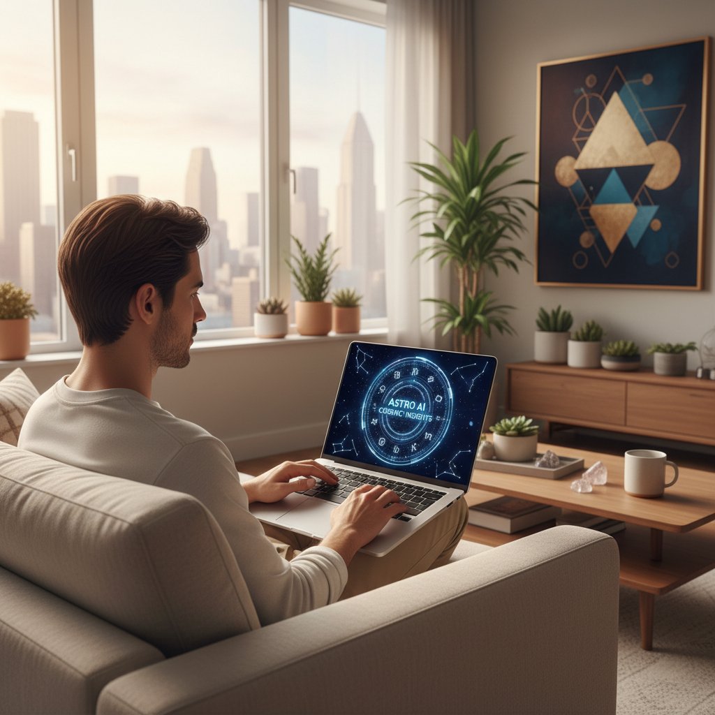 Osoba korzystająca z laptopa, ekran z wykresem astrologicznym AI, nowoczesna przestrzeń domowa