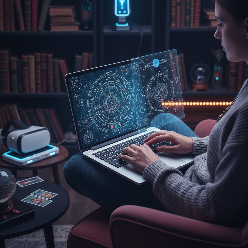 Osoba korzystająca z laptopa, na ekranie zaawansowany wykres astrologiczny, światło LED, atmosfera technologiczna
