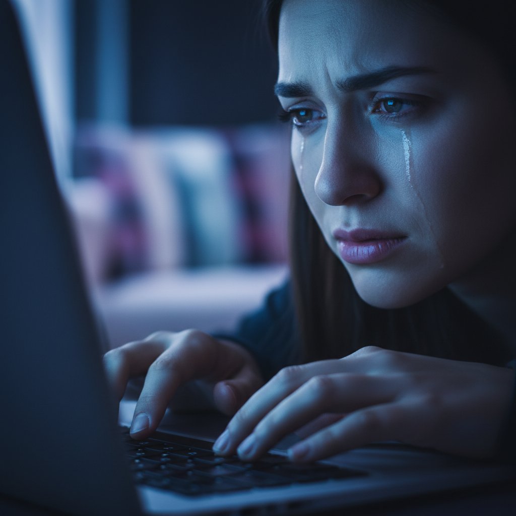 Osoba patrząca w ekran laptopa, twarz oświetlona niebieskim światłem, wyraz emocjonalnego napięcia