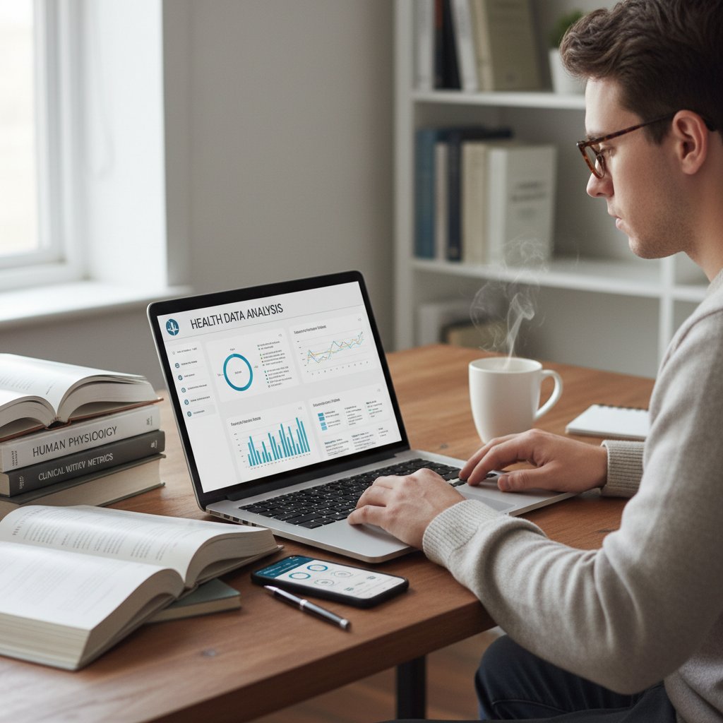 Zdjęcie osoby siedzącej z laptopem, otoczonej różnymi źródłami informacji: książki, telefon, tablet; klimat analityczny, temat: twórcy treści zdrowotnych