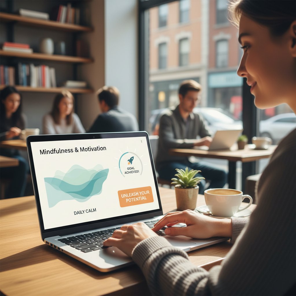 Zdjęcie osoby korzystającej z laptopa w kawiarnianym otoczeniu, wpisującej coś do aplikacji mindfulness