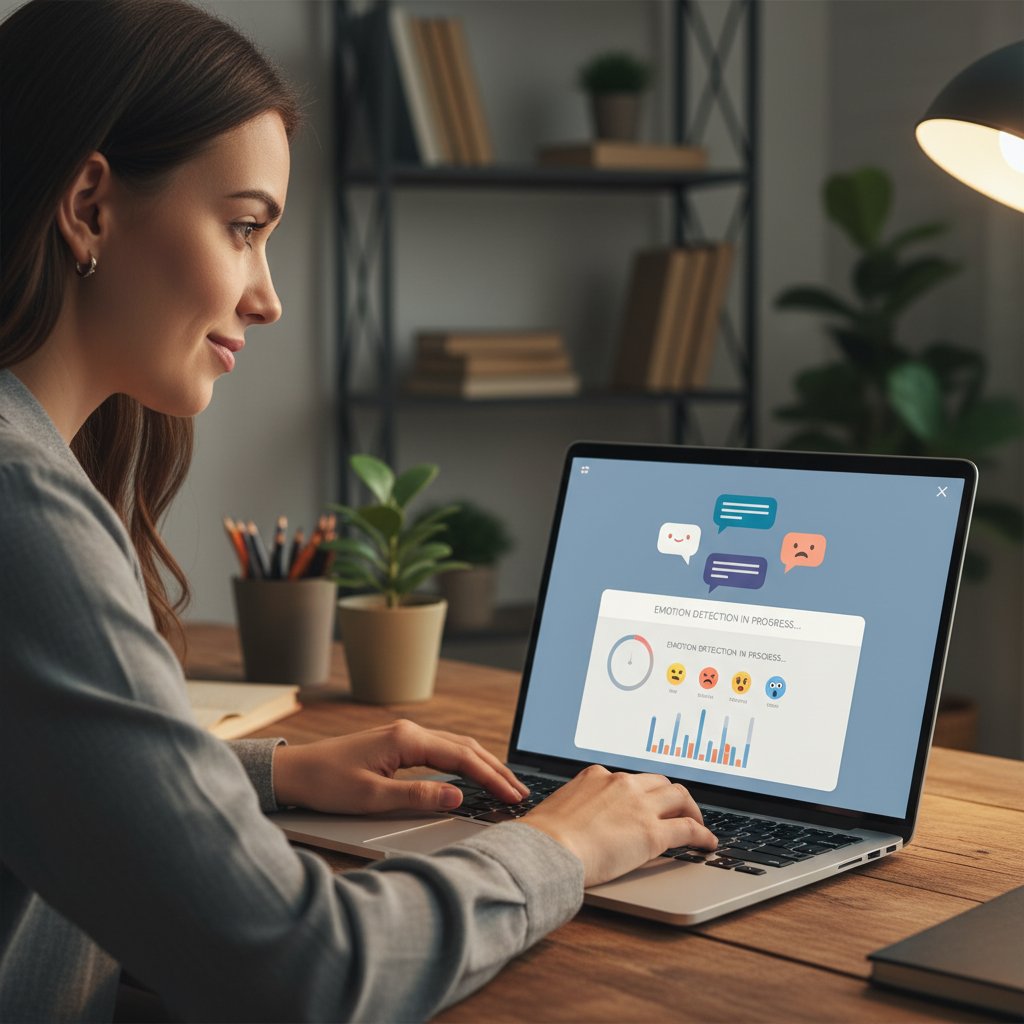 Osoba rozmawiająca z laptopem, na ekranie wyświetlony chatbot. Tematyka: rozpoznawanie emocji u AI, praktyczny przewodnik