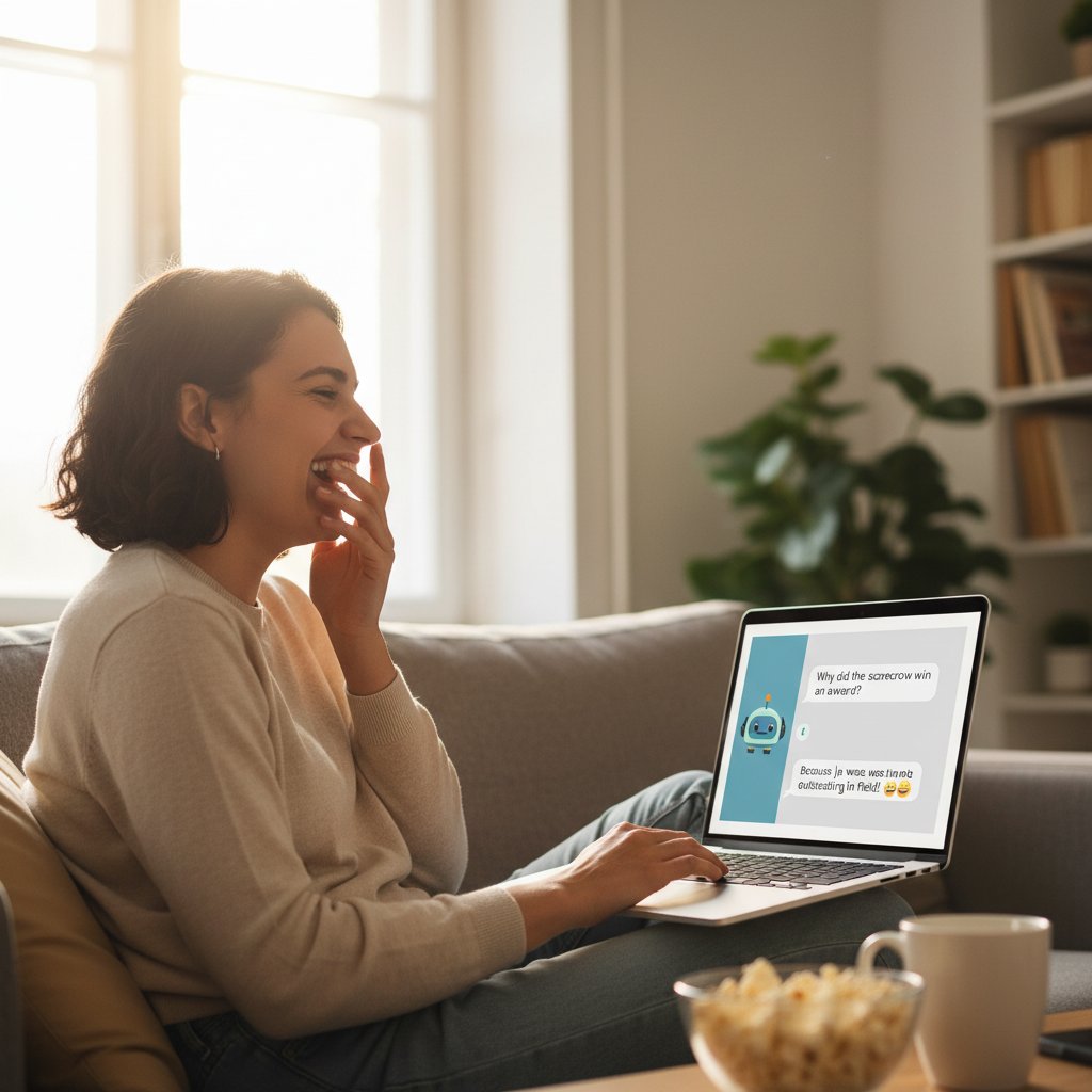 Osoba śmiejąca się przy laptopie podczas rozmowy z AI kumplem, nowoczesny sposób na nudę online