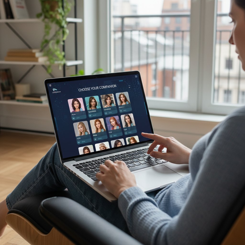 Person tippt am Laptop und vergleicht Profile verschiedener virtueller Freundinnen, Bildschirm zeigt die Benutzeroberfläche von freundin.ai – Keywords: Anmeldung, digitale Partnerin finden, Profilwahl, virtuelle Freundin