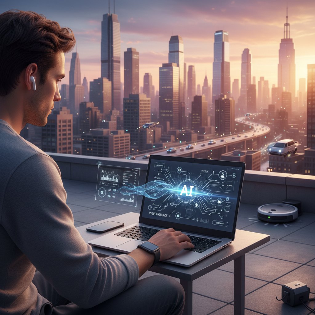 Osoba pracująca z laptopem na tle miasta – samodzielność i AI w codzienności