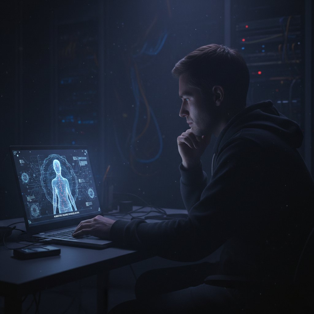 Osoba siedząca przed laptopem w ciemnym pokoju, rozmawiająca z cyfrowym mentorem wyświetlanym na ekranie