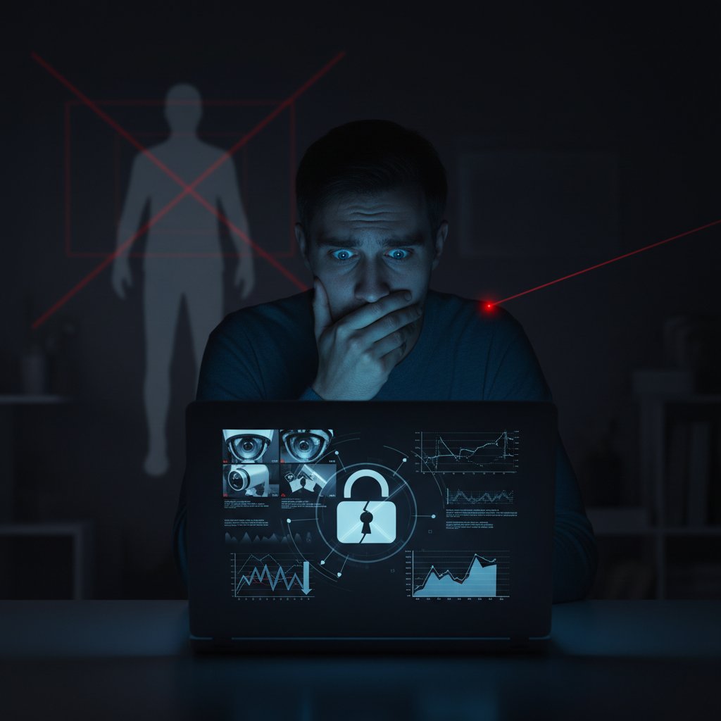 Osoba wpatrująca się w ekran laptopa w ciemnym pomieszczeniu, symbolizująca troskę o ochronę danych osobowych