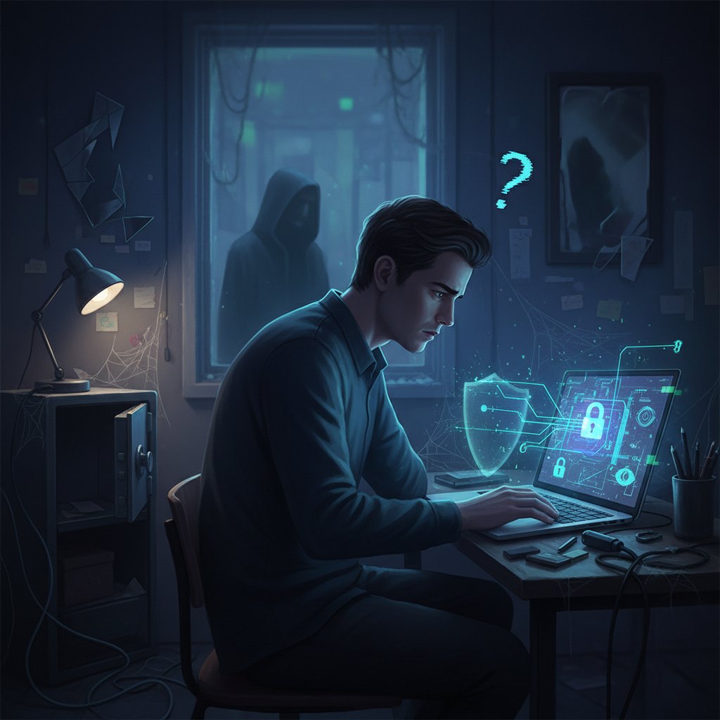Osoba wpatrzona w laptop, symboliczne zamki cyfrowe, atmosfera niepewności i ochrony prywatności