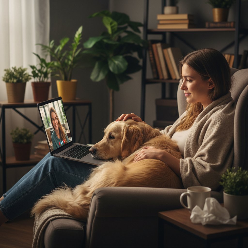 Osoba korzystająca z laptopa przytulająca poduszkę, symbol komfortu i wsparcia online