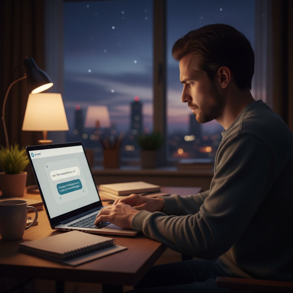 Osoba korzystająca z laptopa wieczorem, na ekranie widoczny czat z AI, atmosfera intymności i skupienia
