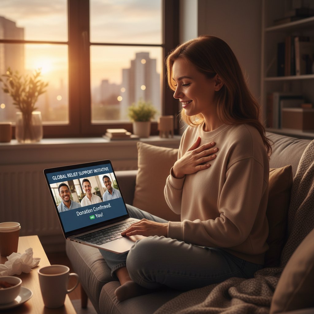Młoda osoba siedzi wieczorem w pokoju, laptop, uśmiech, atmosfera ulgi i wsparcia