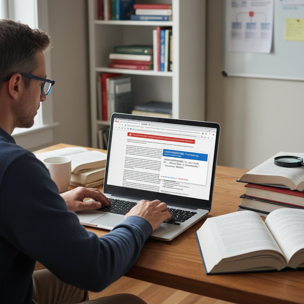 Zdjęcie osoby analizującej artykuły medyczne na laptopie, fakt-checking