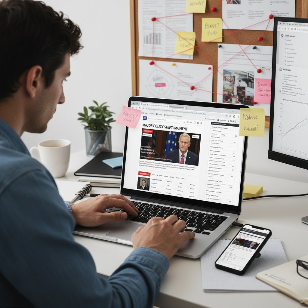 Młoda osoba analizująca newsy na laptopie z otwartą zakładką fact-checkingu