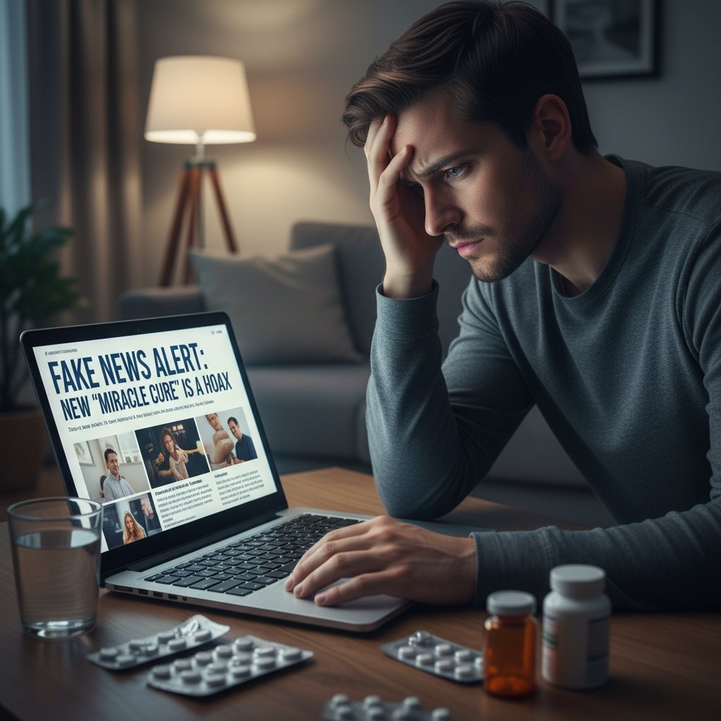 Osoba przeglądająca fake newsy na laptopie, z wyraźnym zaniepokojeniem na twarzy, zdjęcia tabletek w tle