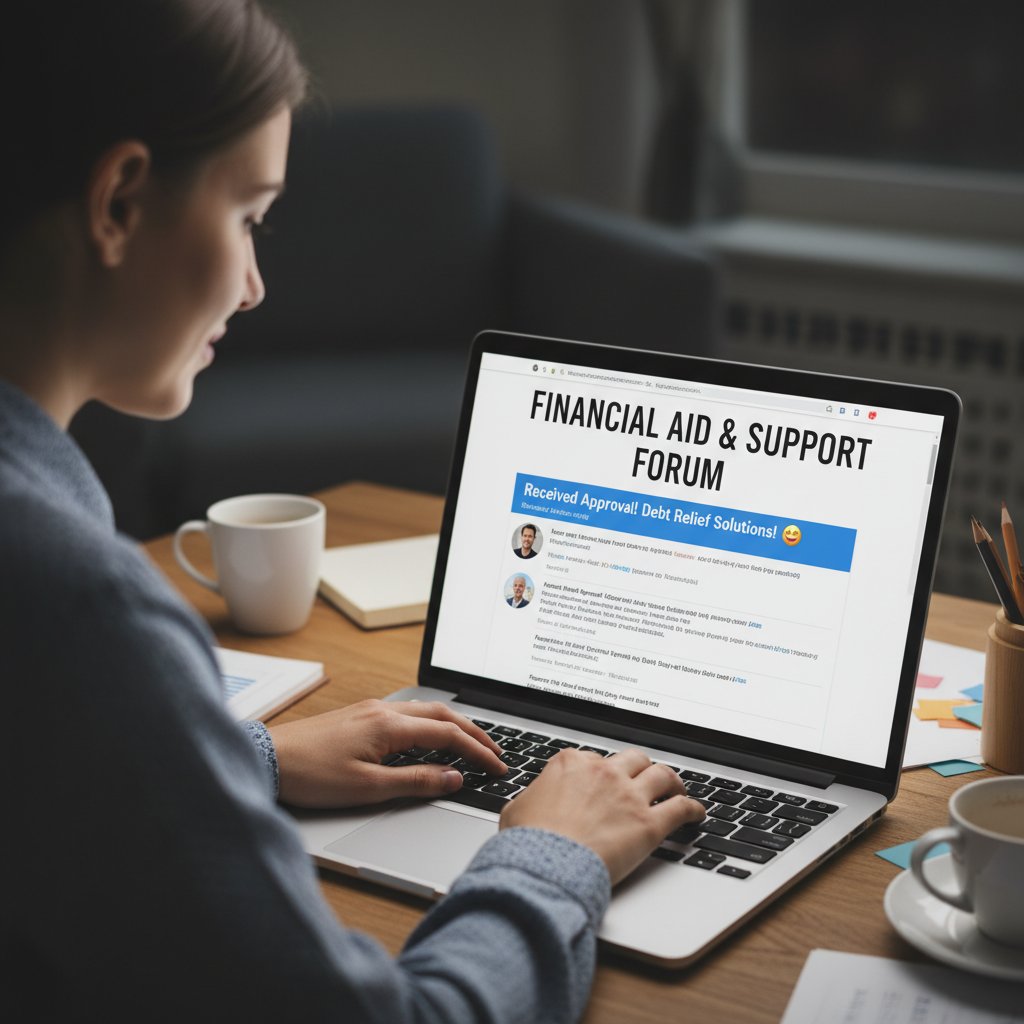 Osoba korzysta z laptopa, na ekranie forum wsparcia finansowego, atmosfera skupienia i ulgi