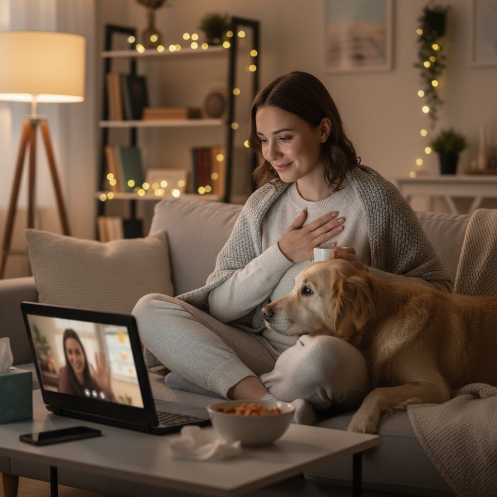 Młody człowiek rozmawia z AI przez laptopa, przyjazna atmosfera, wsparcie emocjonalne online