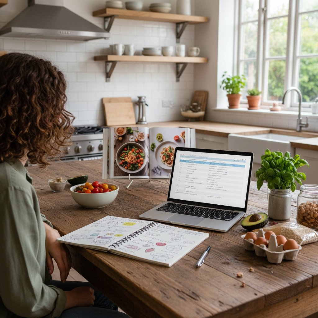 Osoba korzystająca z laptopa w kuchni, notatnik obok, składniki na blacie