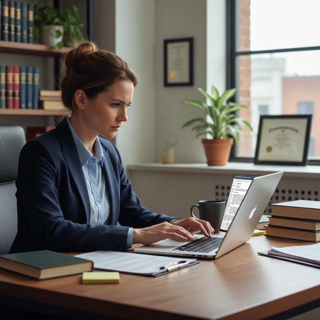 Osoba korzystająca z laptopa, ekran z otwartą aplikacją prawną, skupiona atmosfera
