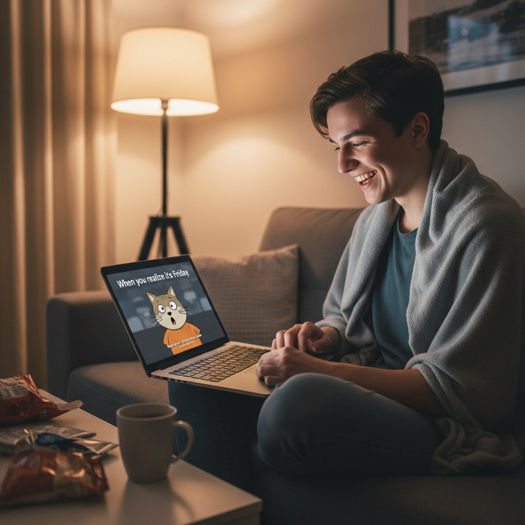 Osoba patrzy na zabawnego mema na ekranie laptopa, uśmiechnięta, poprawa nastroju
