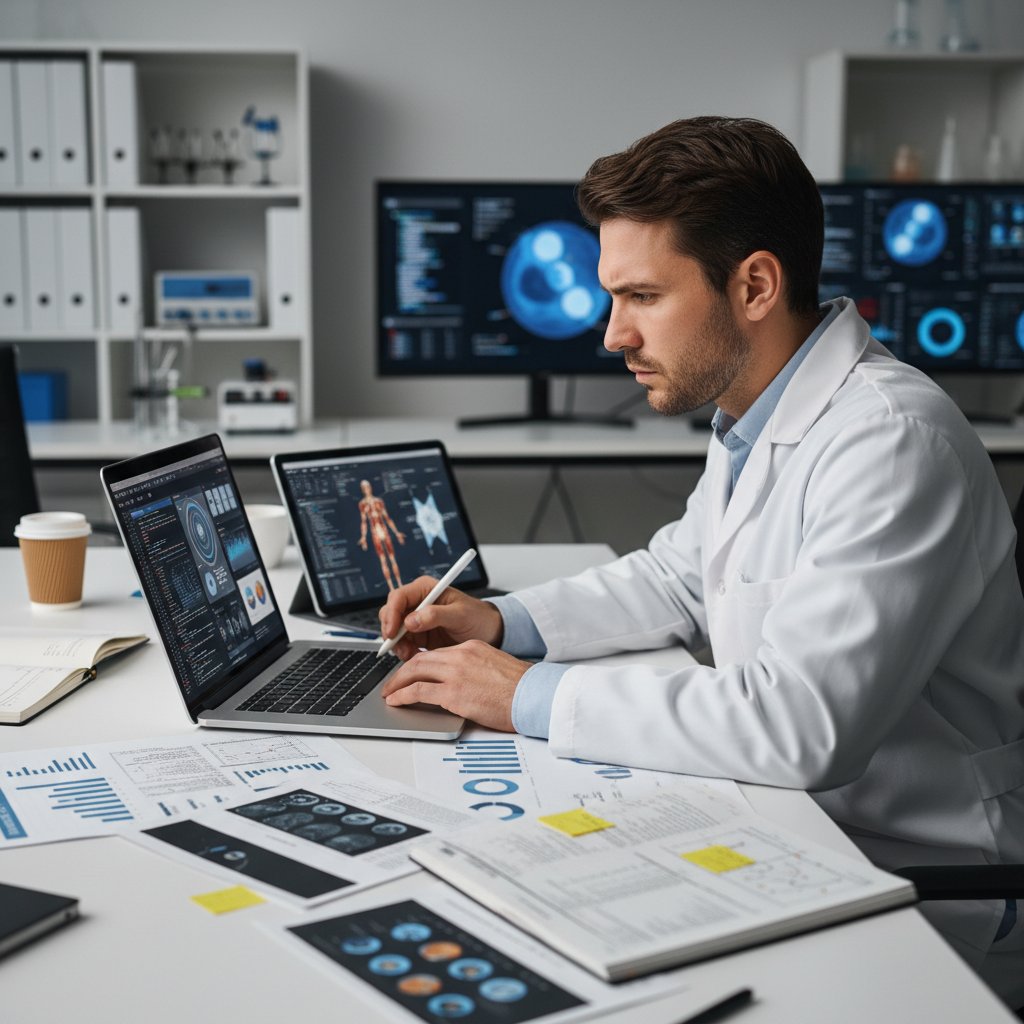 Osoba korzystająca z laptopa, otoczona dokumentami i raportami medycznymi, analizująca dane
