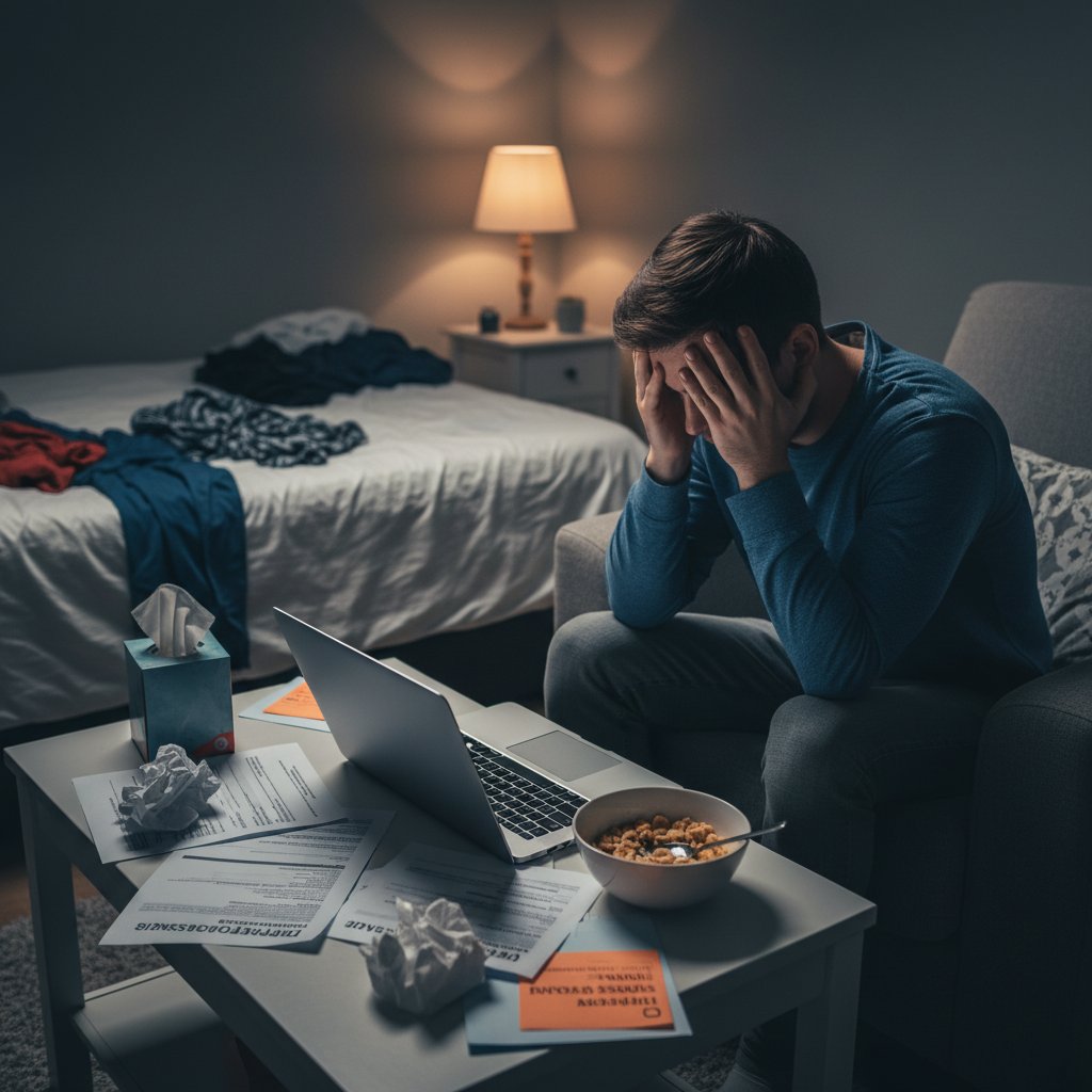 Osoba patrząca z niedowierzaniem na ekran laptopa, wokół rozrzucone leki i dokumentacja medyczna; klimat przygnębienia, temat: błędna diagnoza z internetu