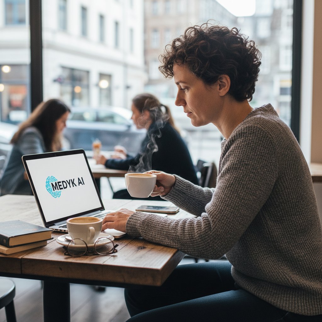 Osoba czytająca artykuł na medyk.ai na laptopie, z filiżanką kawy na biurku