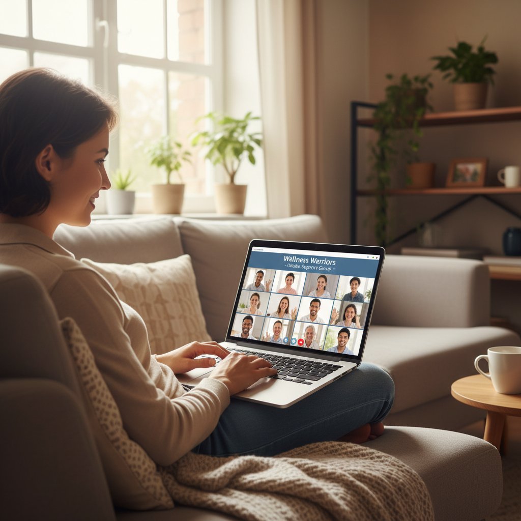 Osoba siedząca z laptopem, uśmiechnięta, korzystająca z aplikacji wsparcia zdrowia psychicznego, symbolizująca możliwości pomocy online