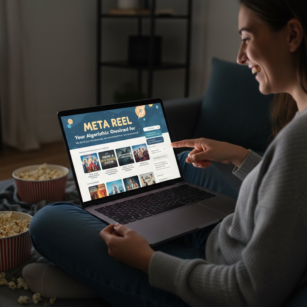 Photo of a person using a laptop, browsing a movie recommendation website for meta comedies