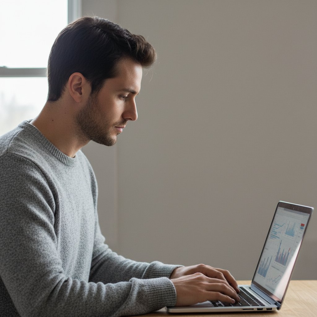 Osoba siedzi przed laptopem, wyprostowana, w neutralnym otoczeniu, twarz skupiona, światło dzienne pada na twarz