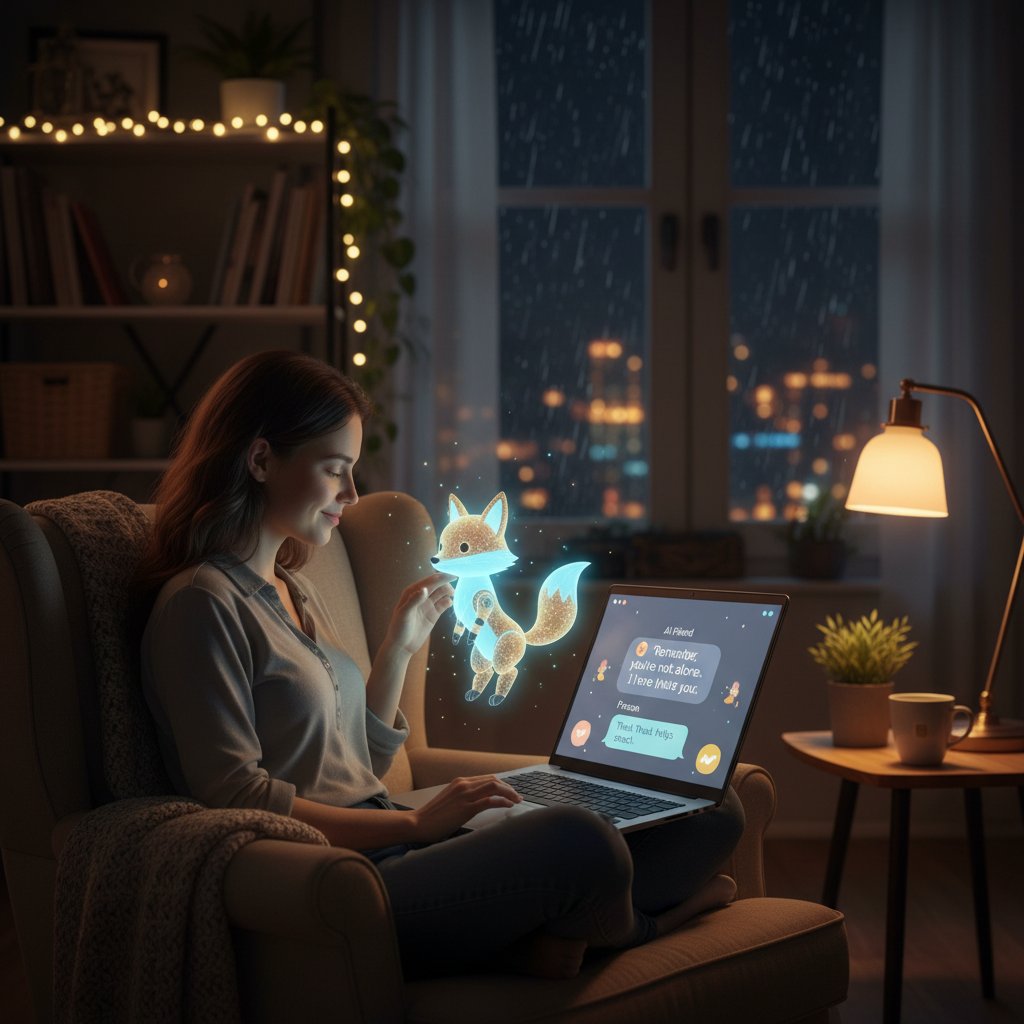 Mensch kommuniziert nachts mit KI-Begleiterin am Laptop, emotionale Unterstützung digital