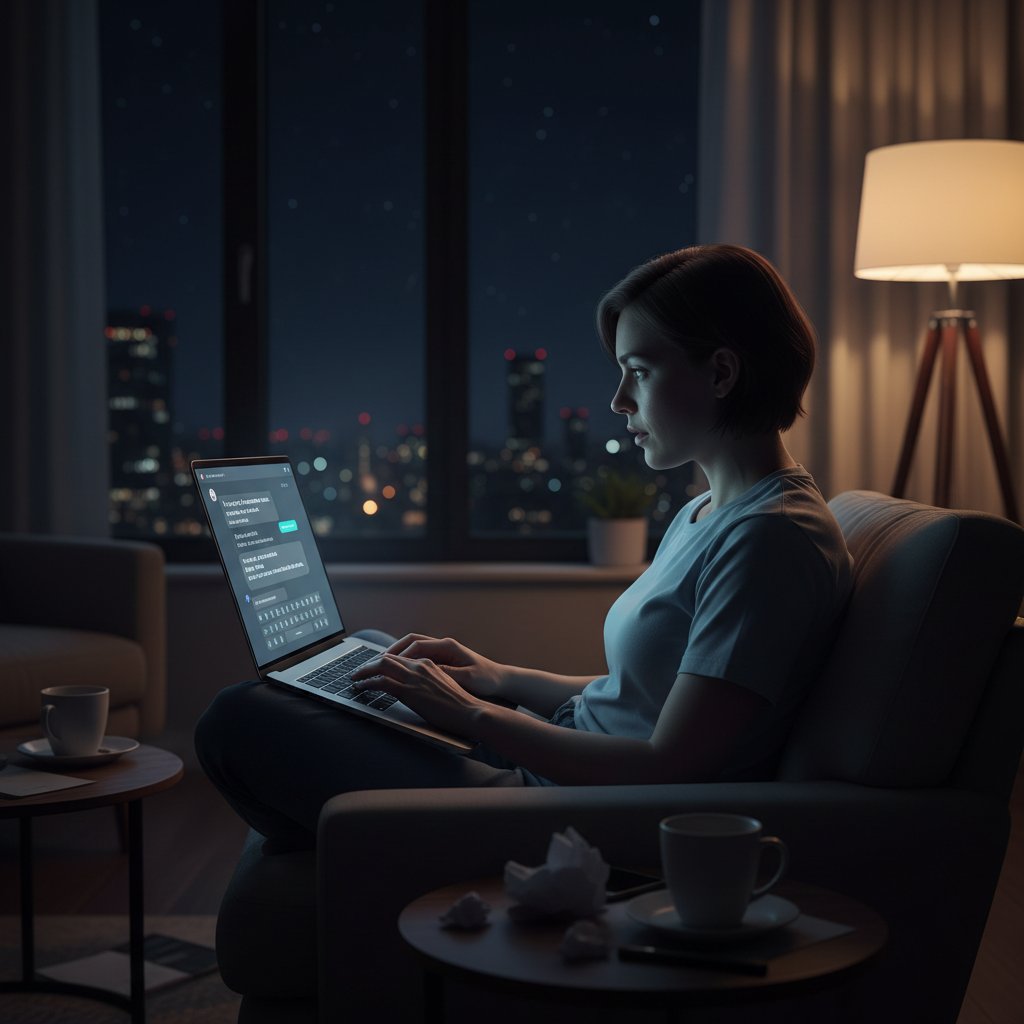 Osoba pisząca długą wiadomość na laptopie, klimat nocny, wyciszony — symbol szczerej internetowej rozmowy