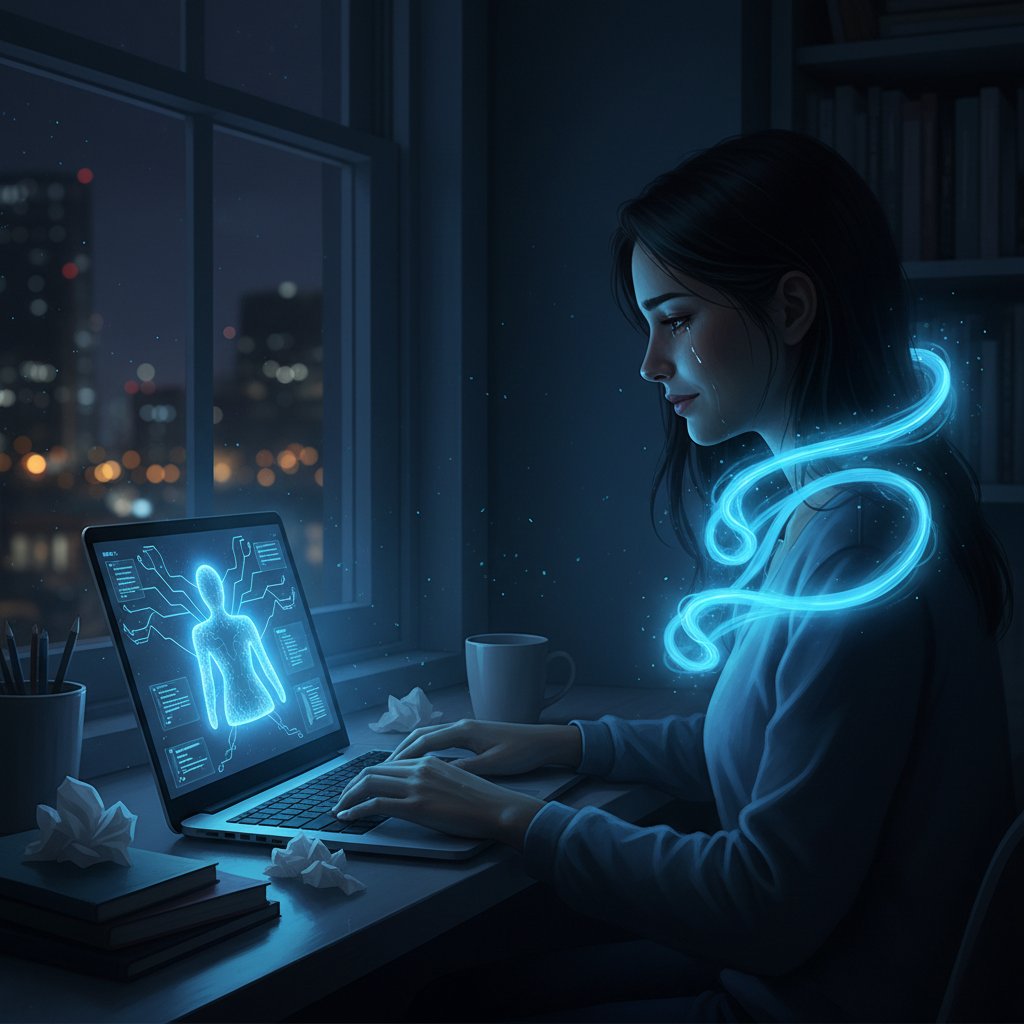 Osoba korzystająca z laptopa w nocy, samotność, ulga emocjonalna, stres, wsparcie AI
