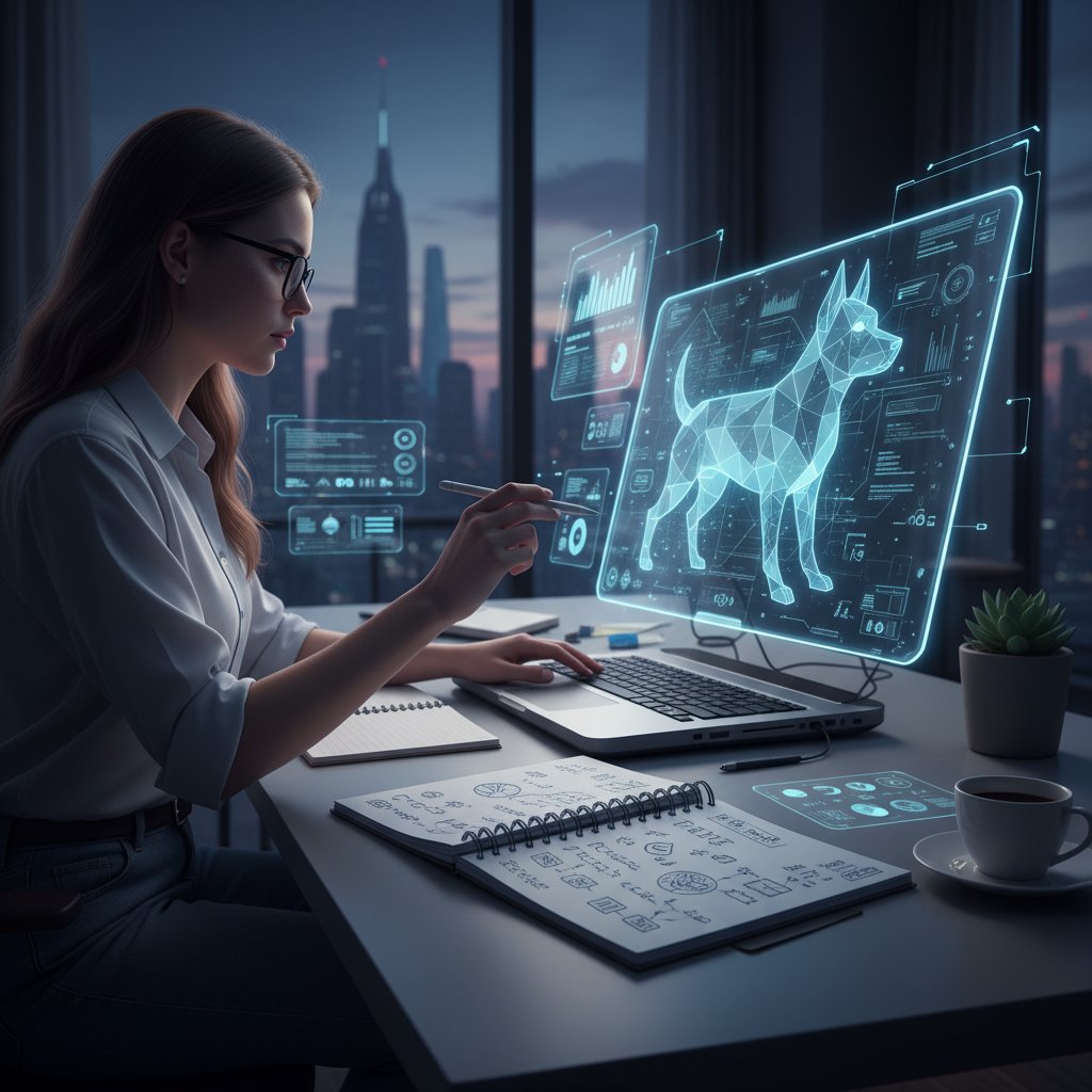 Osoba siedząca z laptopem i notatnikiem, analizująca czas spędzony z wirtualnym pieskiem – świadome korzystanie z AI