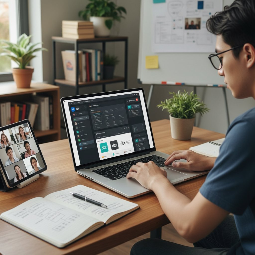 Osoba korzystająca z laptopa i notatnika podczas nauki DBT online, nowoczesne narzędzia edukacyjne